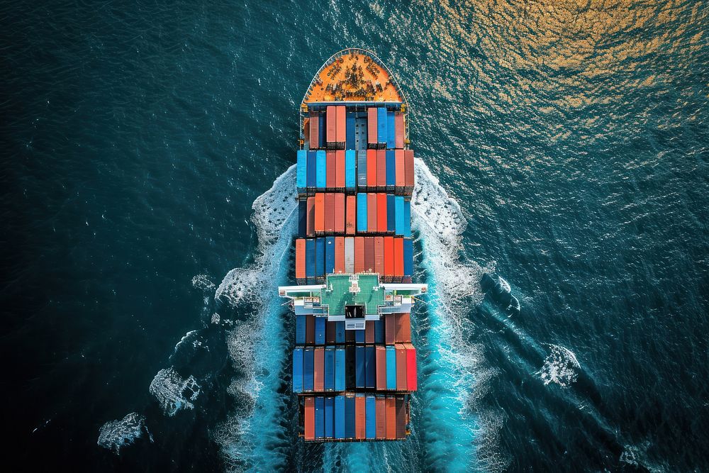 Aerial top view of cargo maritime ship container shipping carrying.
