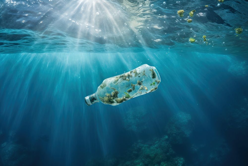 Plastic bottle in the ocean sea water surface underwater swimming outdoors.