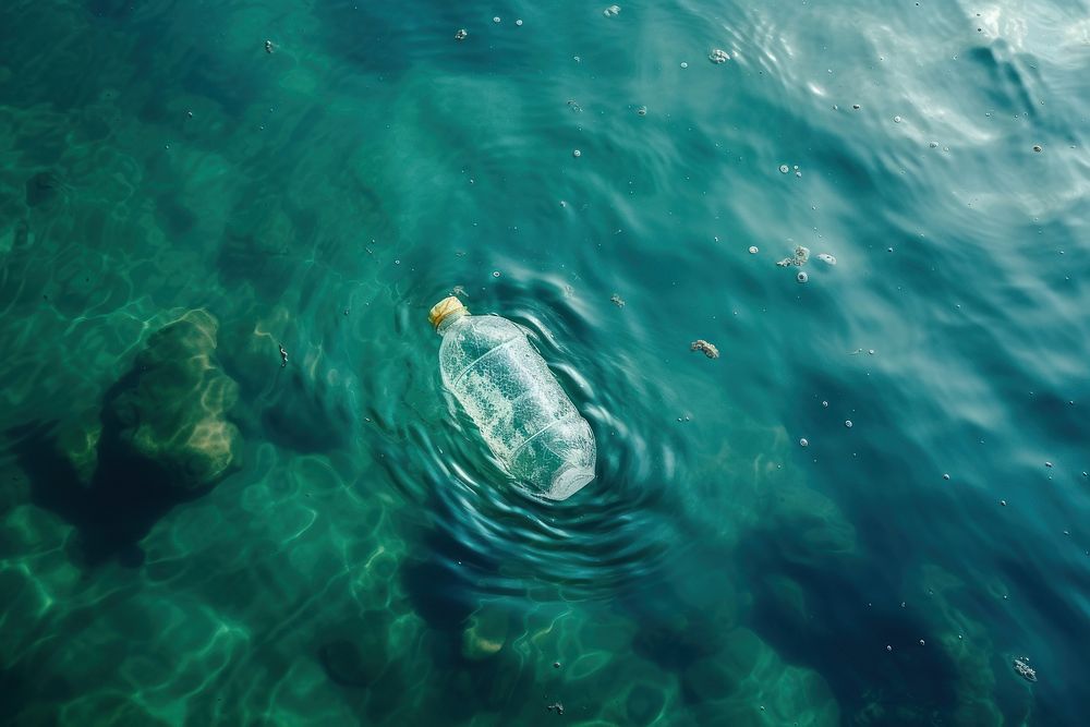 Plastic bottle in the ocean sea water surface swimming floating outdoors.