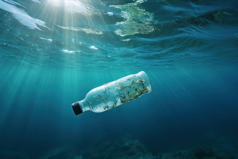 Plastic bottle in the ocean sea water surface underwater outdoors nature.