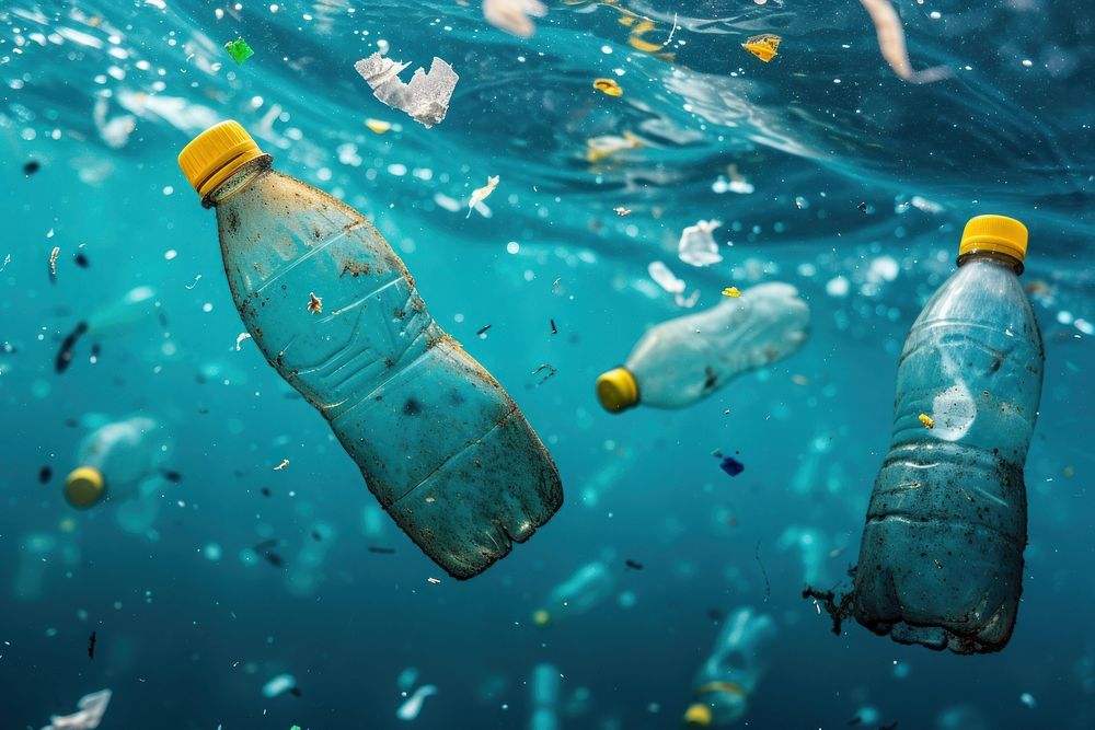 Plastic bottles and wastes floating in the open ocean pollution outdoors fish.