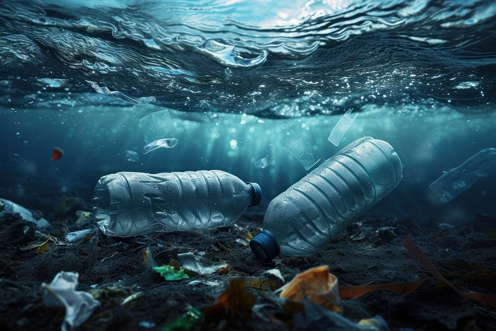 Plastic bottles and wastes floating in the open ocean underwater pollution swimming.