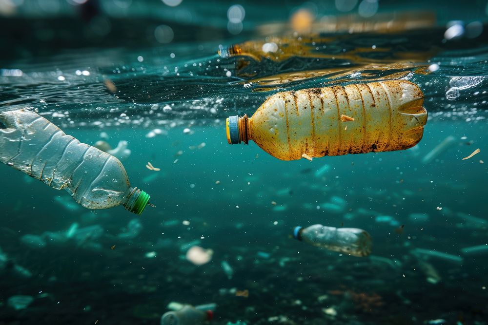 Plastic bottles and wastes floating in the open ocean pollution outdoors unhygienic.