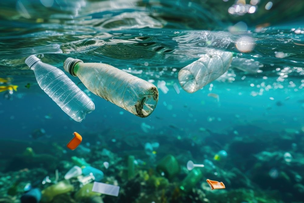 Plastic bottles and wastes floating in the open ocean underwater pollution outdoors.