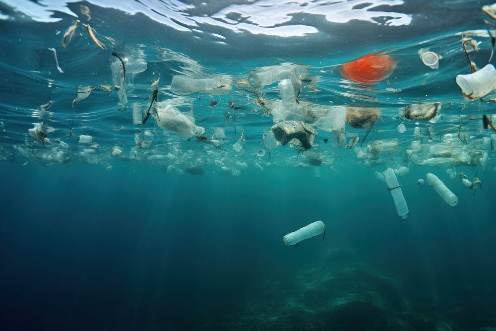 Plastic wastes floating in the open ocean underwater swimming outdoors.