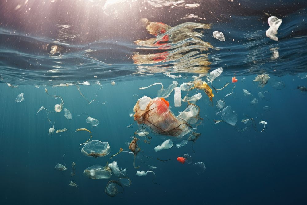 Plastic wastes floating in the open ocean pollution outdoors marine.