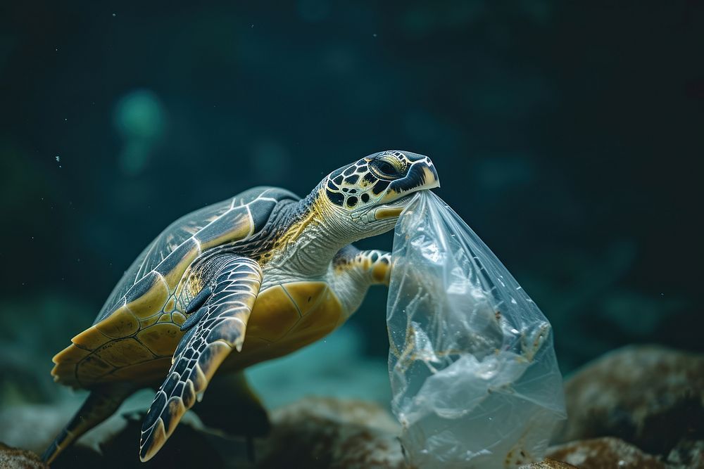 Turtle eating plastic bags underwater outdoors reptile.