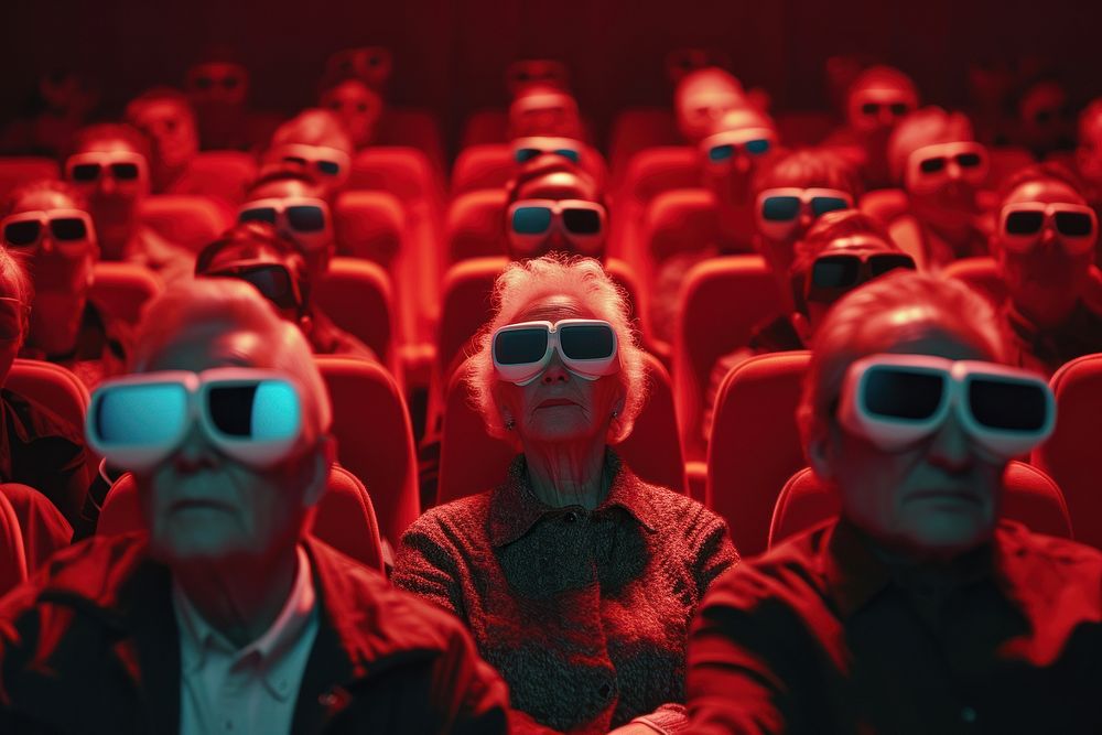 Vintage people watching movie in the cinema wearing 3d glasses sunglasses adult accessories.