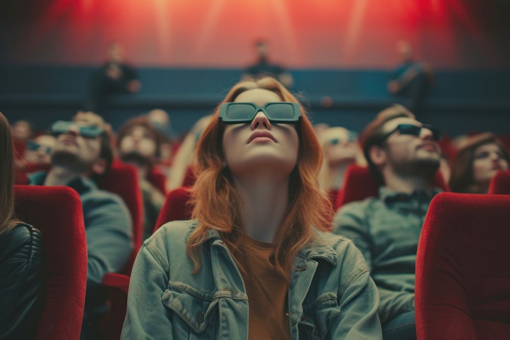 Vintage people watching movie in the cinema wearing 3d glasses audience adult accessories.