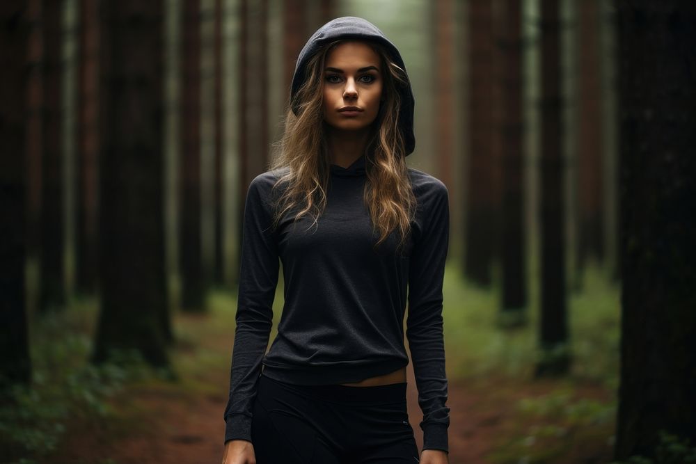 Woman in sportswear portrait outdoors woodland.