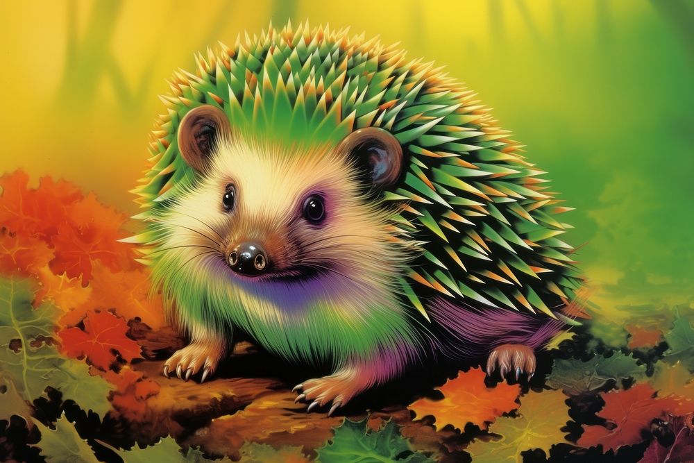 Airbrush art of a hedgehog animal mammal plant.