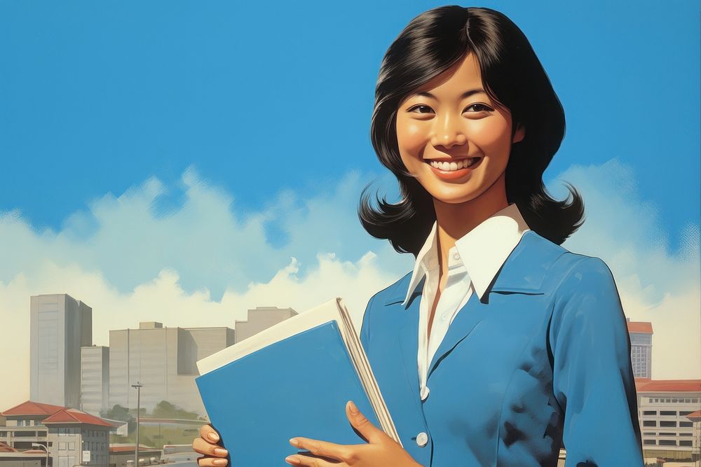 Smiling young Asian business woman holding folder portrait smiling adult.