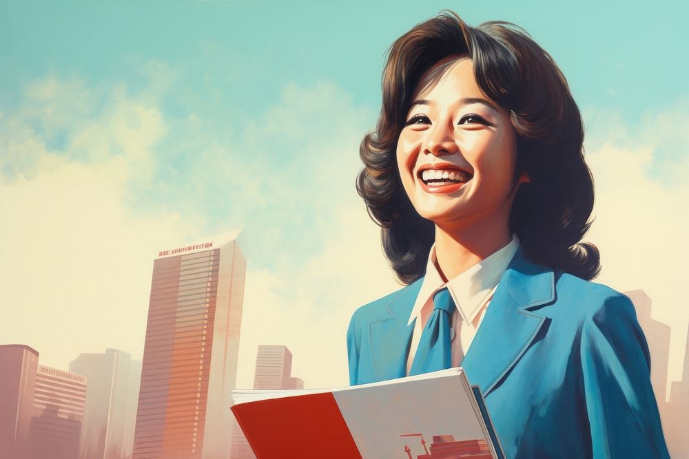 Smiling young Asian business woman holding folder smiling adult smile.