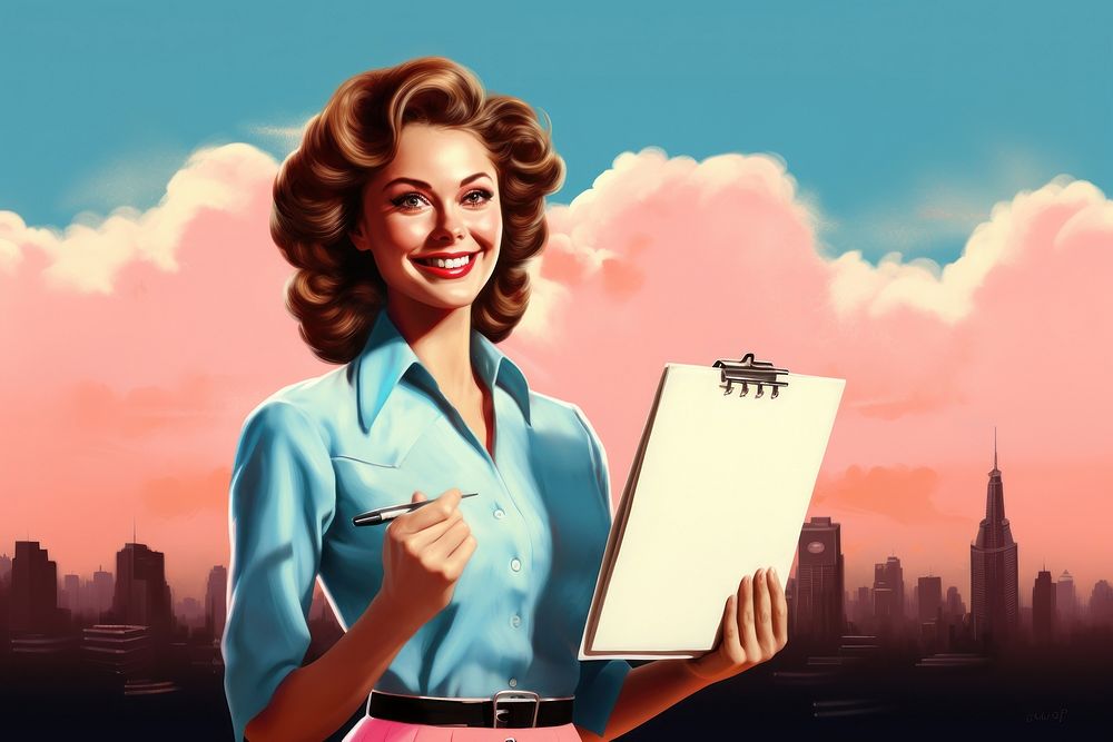 Smiling young business woman holding clipboard portrait smiling adult.