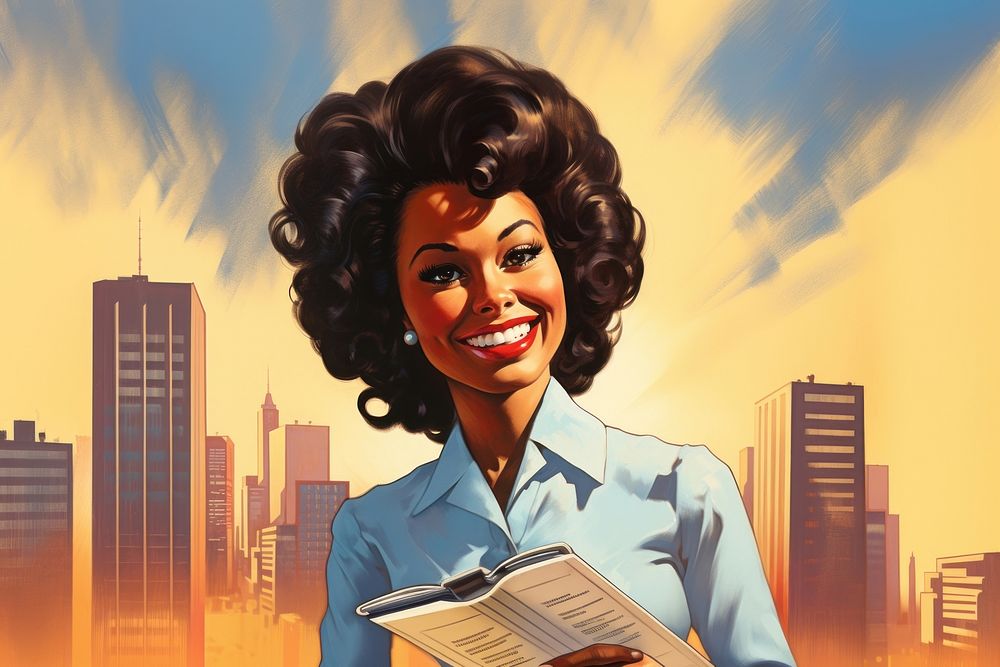 Smiling young black business woman holding folder smiling adult city.
