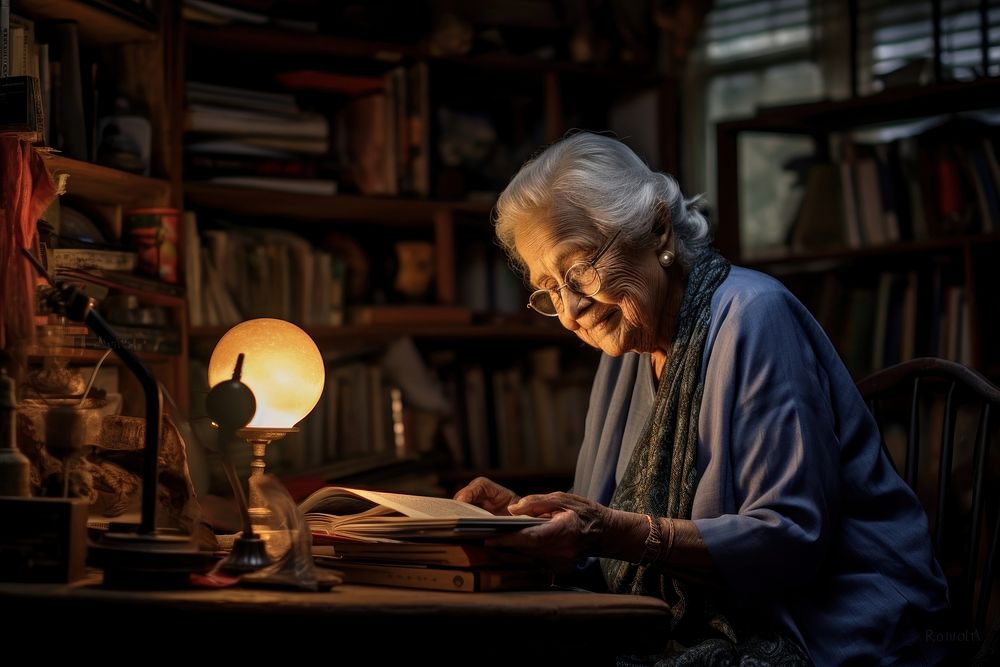 The elderly female writer lamp reading light.