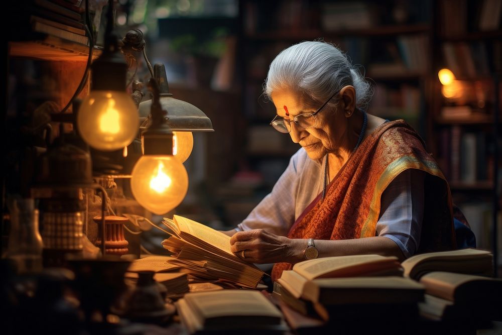 The elderly female writer reading light adult.