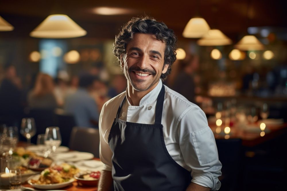 The middle-aged male chef restaurant waiter adult.