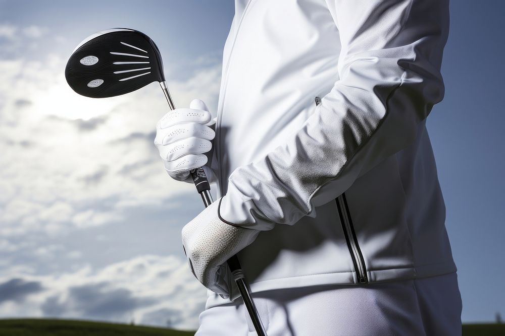 Holding a golf club glove outdoors sports.