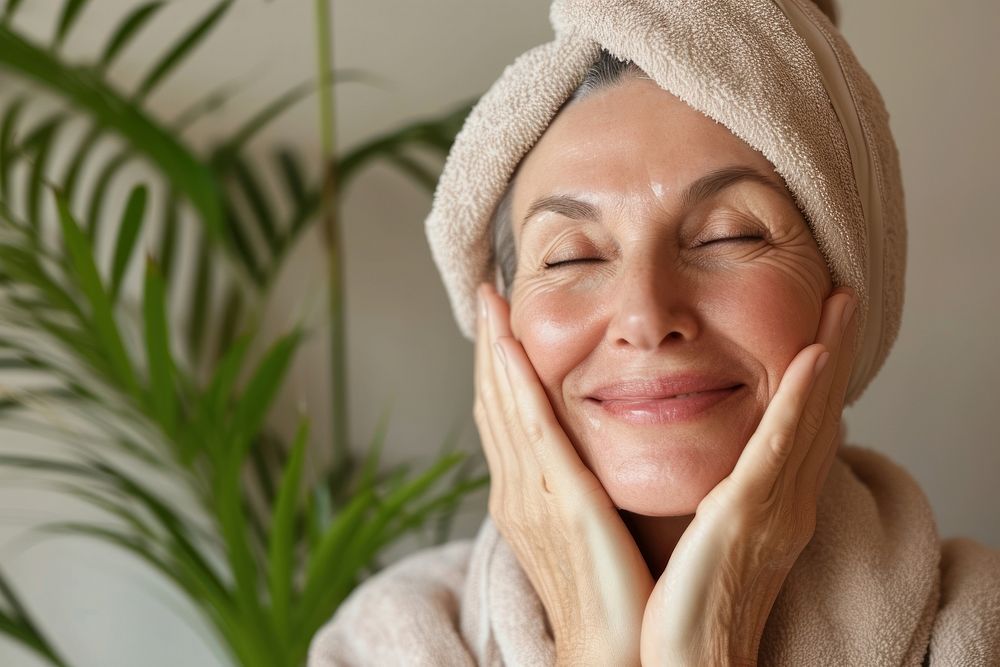 Elderly woman having skincare spa day adult face relaxation.