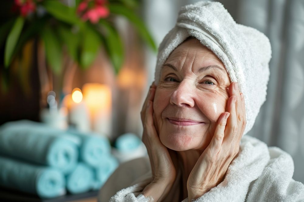 Elderly woman having skincare spa day smile adult retirement.