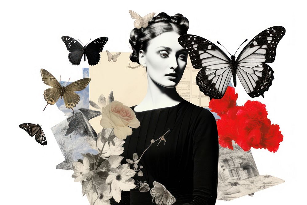 Collage with women and butterfly portrait flower art.