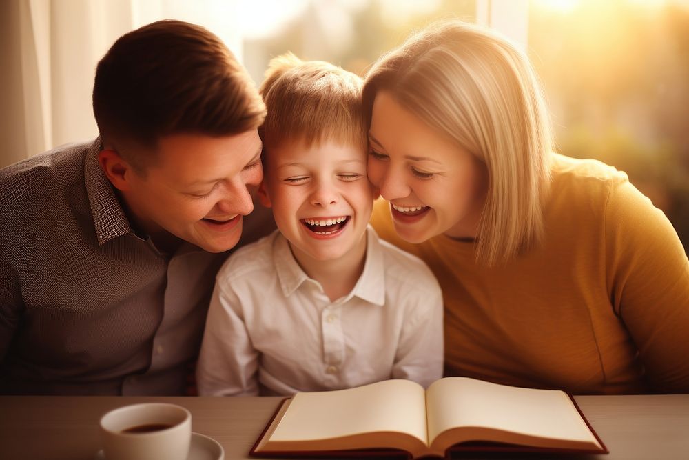 A kid reading with his parents publication laughing adult.