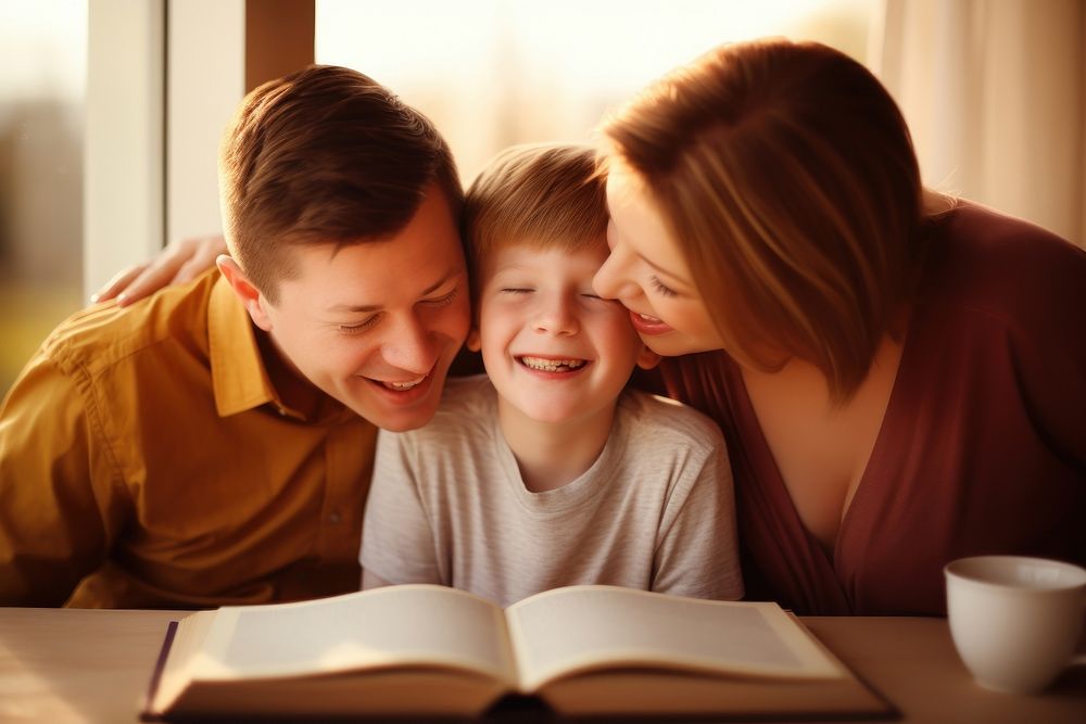 A kid reading with his parents publication laughing portrait.