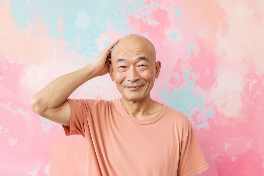 Bald middle age asian man touching shaved head adult smile men.