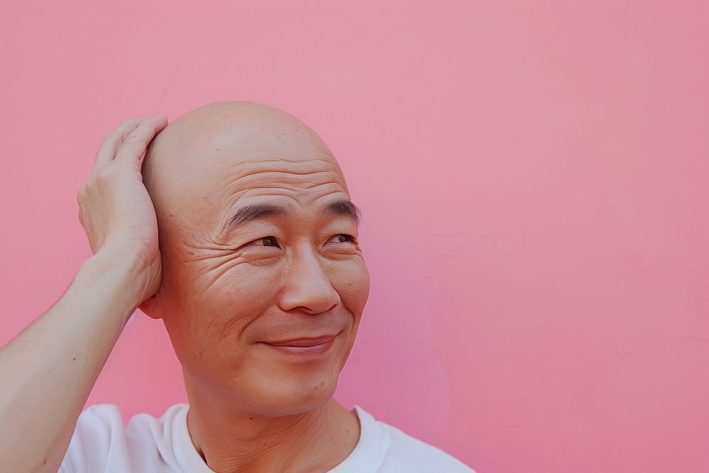Bald middle age asian man touching shaved head adult smile relaxation.
