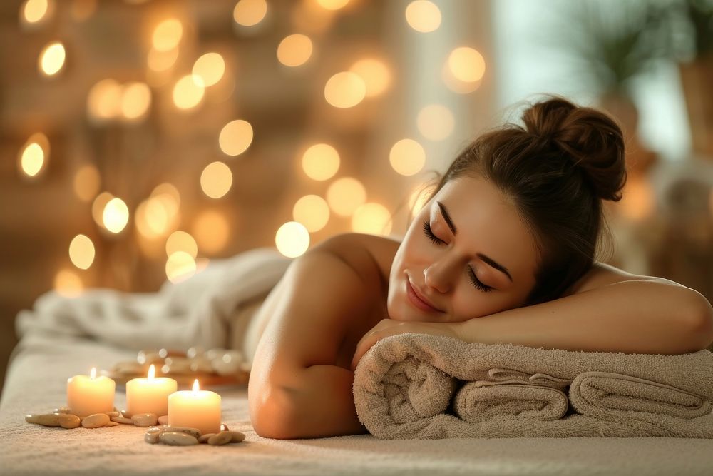 Woman enjoying massage in spa blanket candle adult.