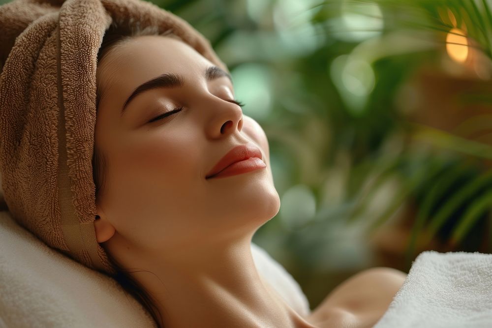 Woman enjoying massage in spa adult skin contemplation.