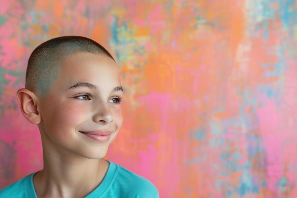 13 year old boy touching shaved head smile portrait photo.