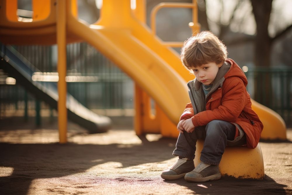 A kid with autism playing in the playground footwear outdoors sitting.