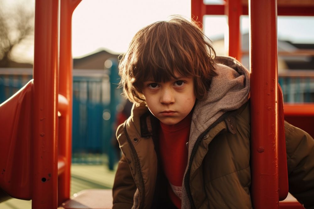 A kid with autism playing in the playground photography portrait outdoors.