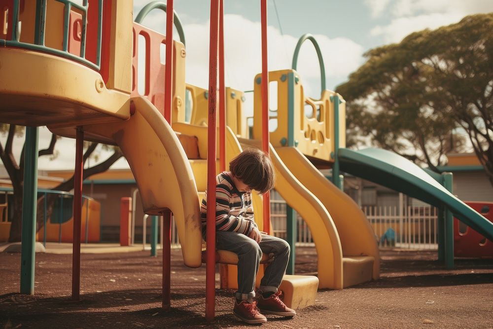 A kid with autism playing in the playground outdoors sitting child.