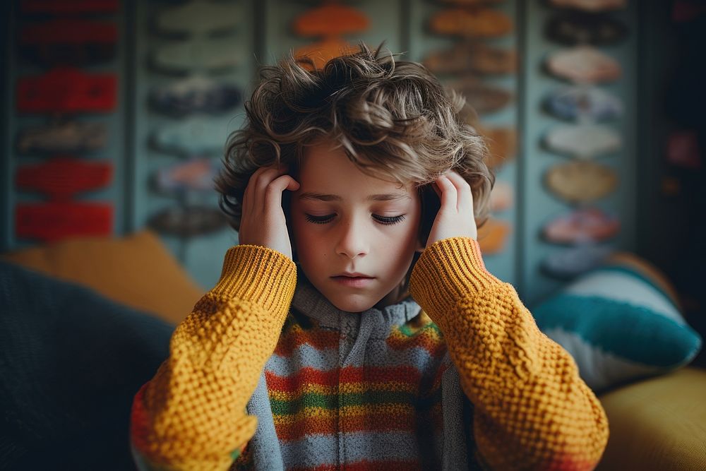An autism kid covering his ears with both hands worried looking sweater.