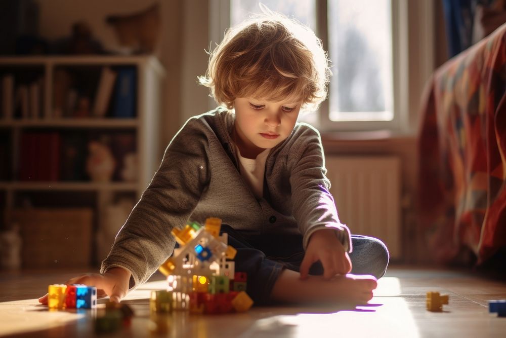 An autism kid playing with his toy looking child concentration.