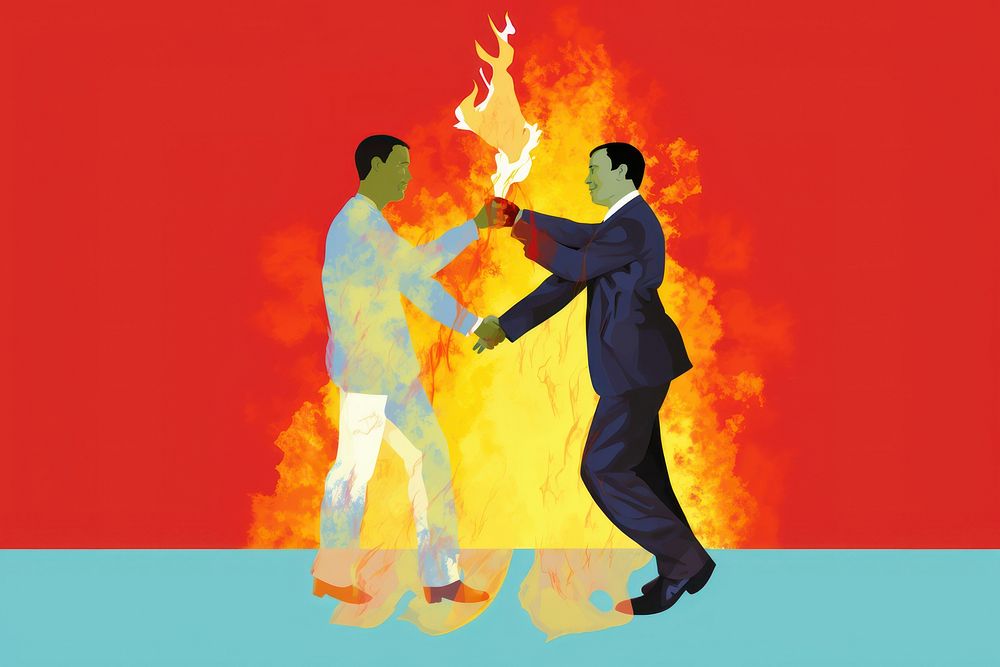 2 business men shakehand and fire on him body adult togetherness creativity.