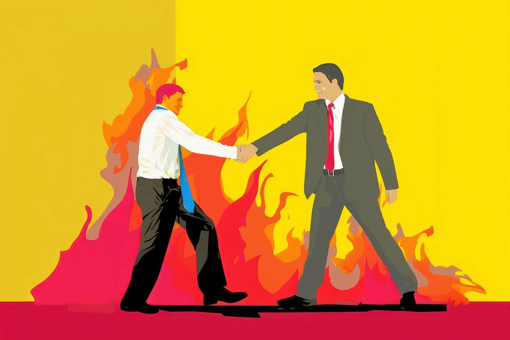 2 business men shakehand and fire on him body adult sign art.