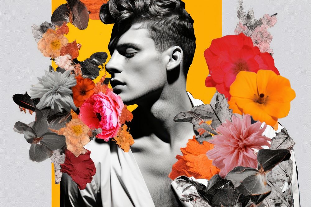 Collage of glooming men flower art portrait.