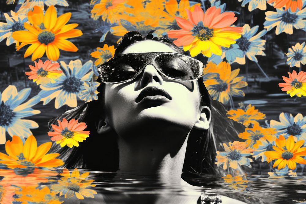 Paper collage of swimmer flower art sunglasses.