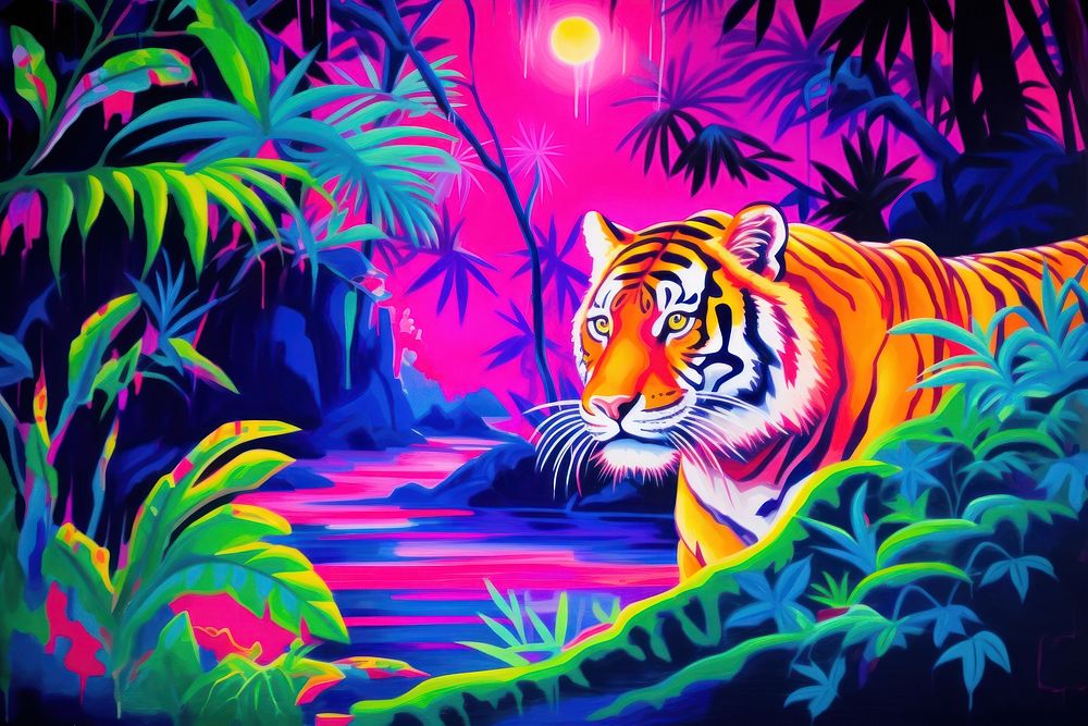 A tiger in the forest wildlife outdoors painting.