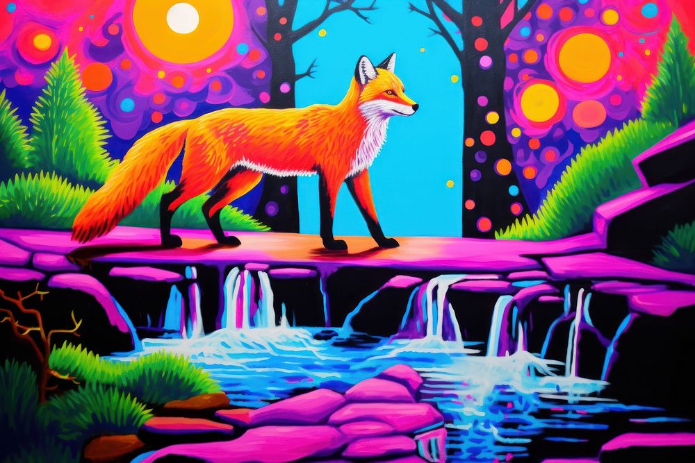 A fox walking on the stone above the river painting animal mammal.