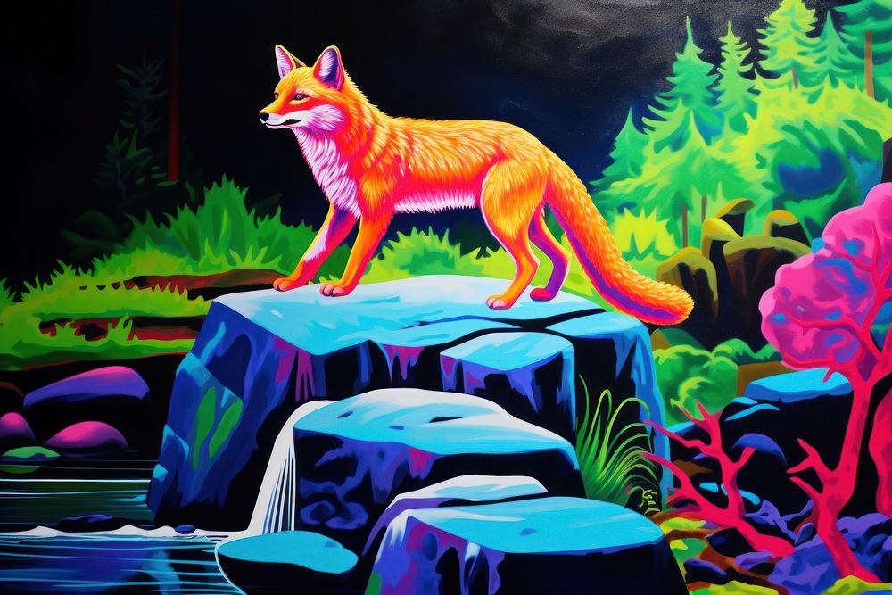 A fox walking on the stone above the river painting animal mammal.
