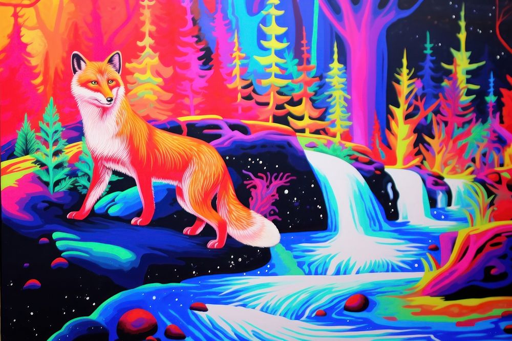 A fox walking on the stone above the river painting mammal art.