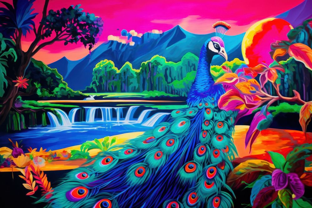 A peacock in the river painting outdoors purple.