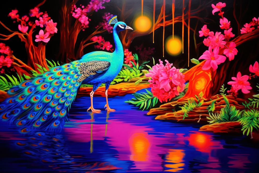 A peacock in the river painting yellow bird.