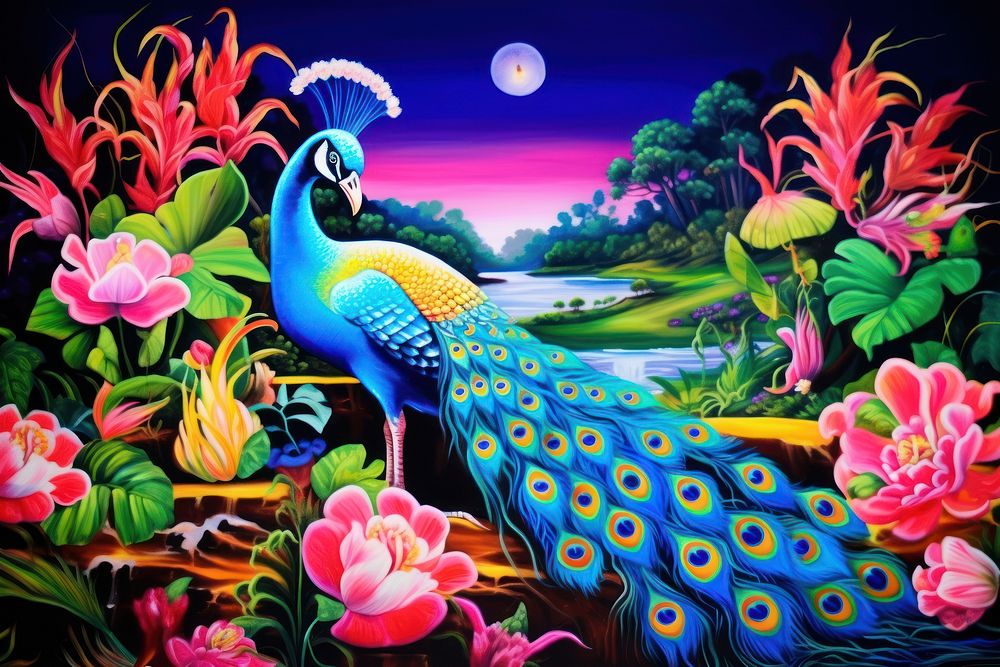 A peacock in the flower garden painting outdoors animal.