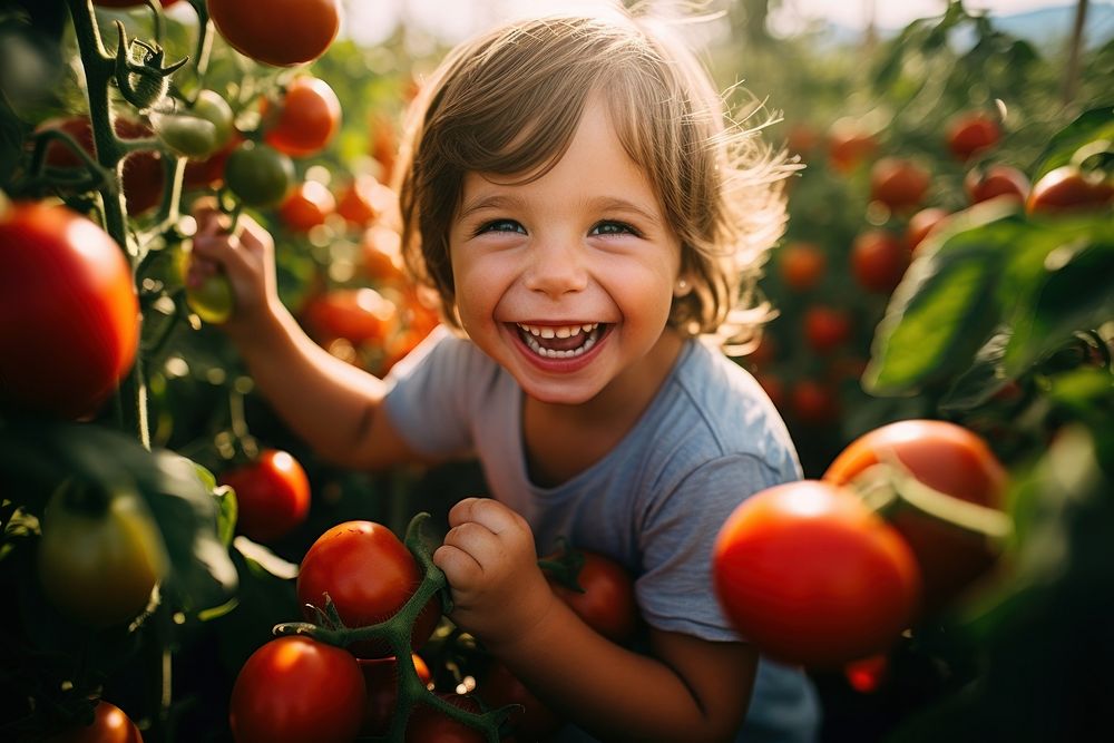 Kid gardening cheerful portrait tomato.